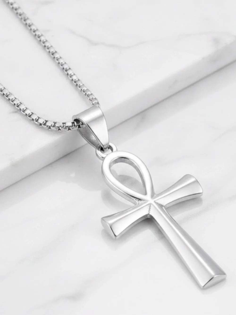 Mens Stainless Steel Silver Ankh Pendant Necklace with Box Chain